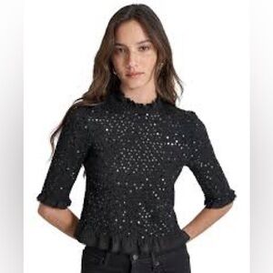 Sandro Black Cropped Smocked Sequin Top Size 1 XS